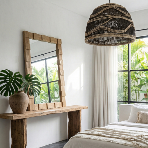 handwoven penandt light from batonga and wooden mirror | Coastalis Living + Design