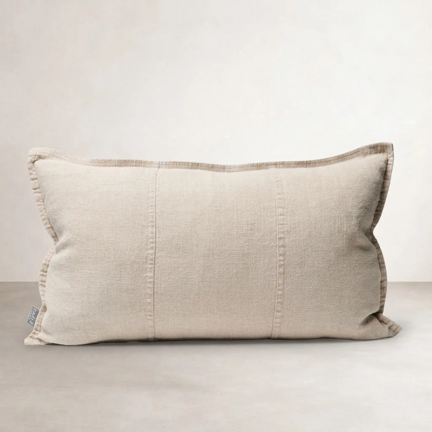 Luca Linen Outdoor Cushion - Natural — rectangular garment-dyed linen cushion in natural with panel stitch detail