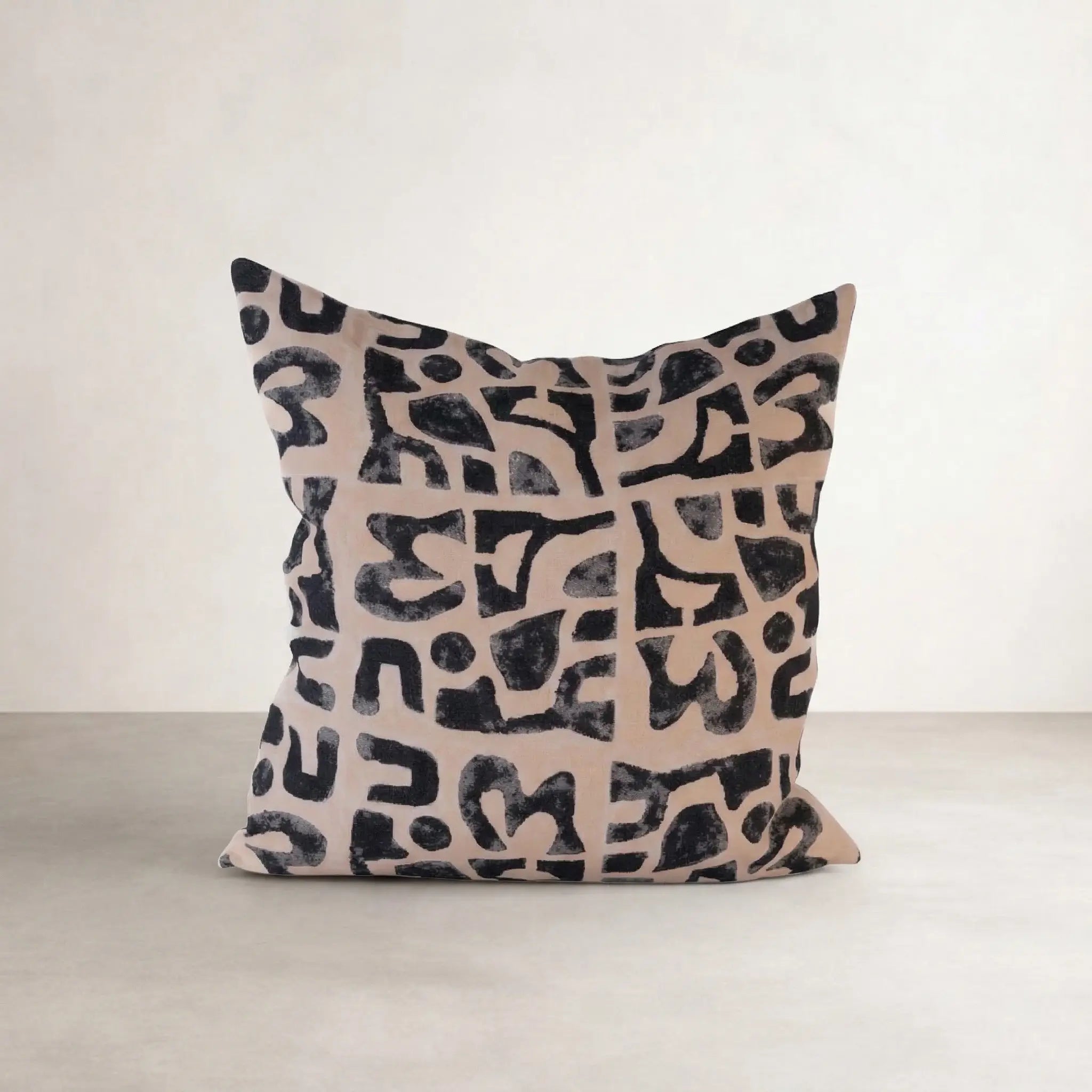 PeeKay Linen Cushion — abstract brushstroke print in midnight and black on shell linen