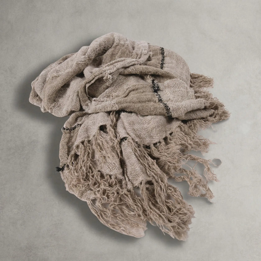 Retreat Linen Throw — striped throw in natural, ivory and black with tasselled ends