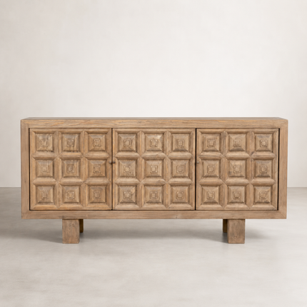 Quarry sideboard in reclaimed elm with three doors of deep carved square panels