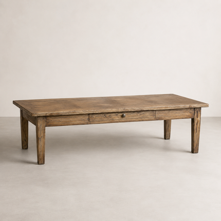 Dunes Coffee Table — long low table with reclaimed elm parquetry top