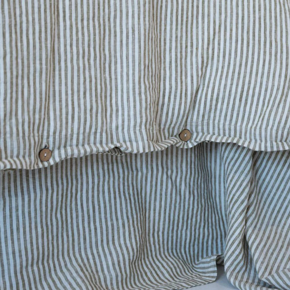 Coastalis Living + Design French Linen Quilt Cover in Olive Pencil Stripe coconut button detail