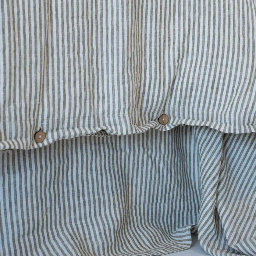 Coastalis Living + Design French Linen Quilt Cover in Olive Pencil Stripe coconut button detail