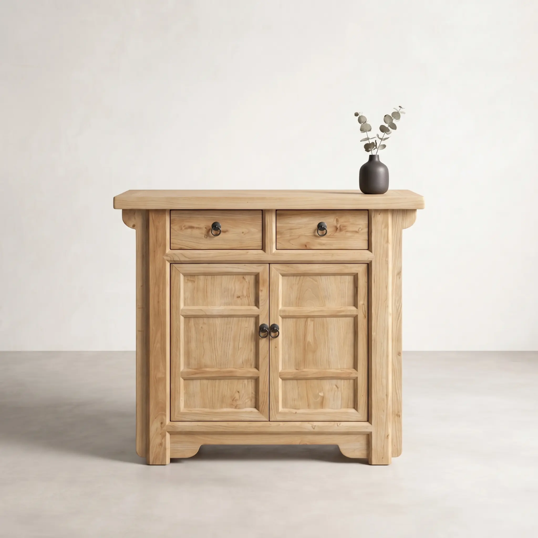 Bo Reclaimed Elm 2-Door 2-Drawer Cabinet — spare Qing-inspired storage form in reclaimed elm