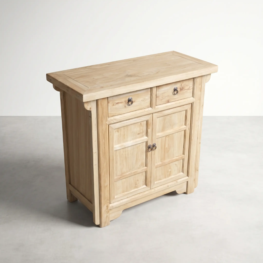 Bo Reclaimed Elm 2-Door 2-Drawer Cabinet — visible grain across the panelled elm doors