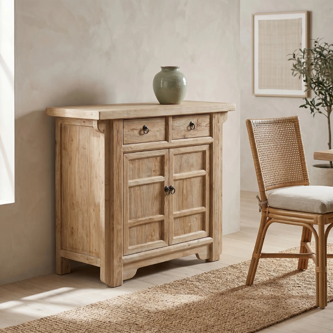 Bo Reclaimed Elm 2-Door 2-Drawer Cabinet — straight-edged elm cabinet with two flush drawers
