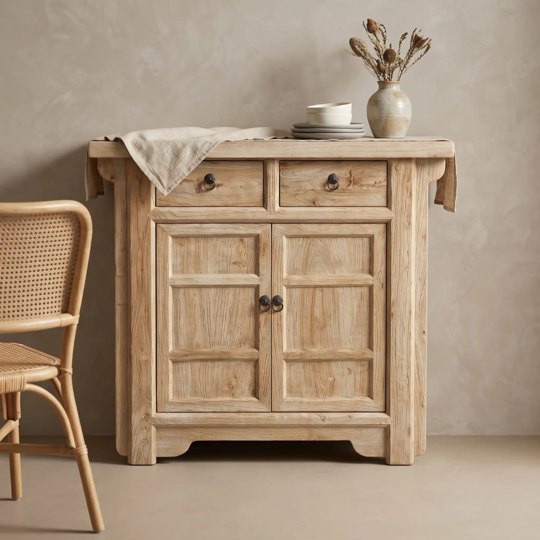 Bo Reclaimed Elm 2-Door 2-Drawer Cabinet — soft tonal shifts across reclaimed elm boards