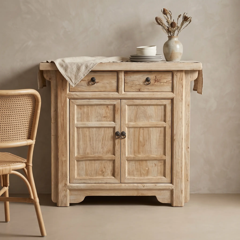 Bo Reclaimed Elm 2-Door 2-Drawer Cabinet — soft tonal shifts across reclaimed elm boards