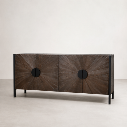 Sunray buffet with four sunburst-grained doors on slim black metal legs