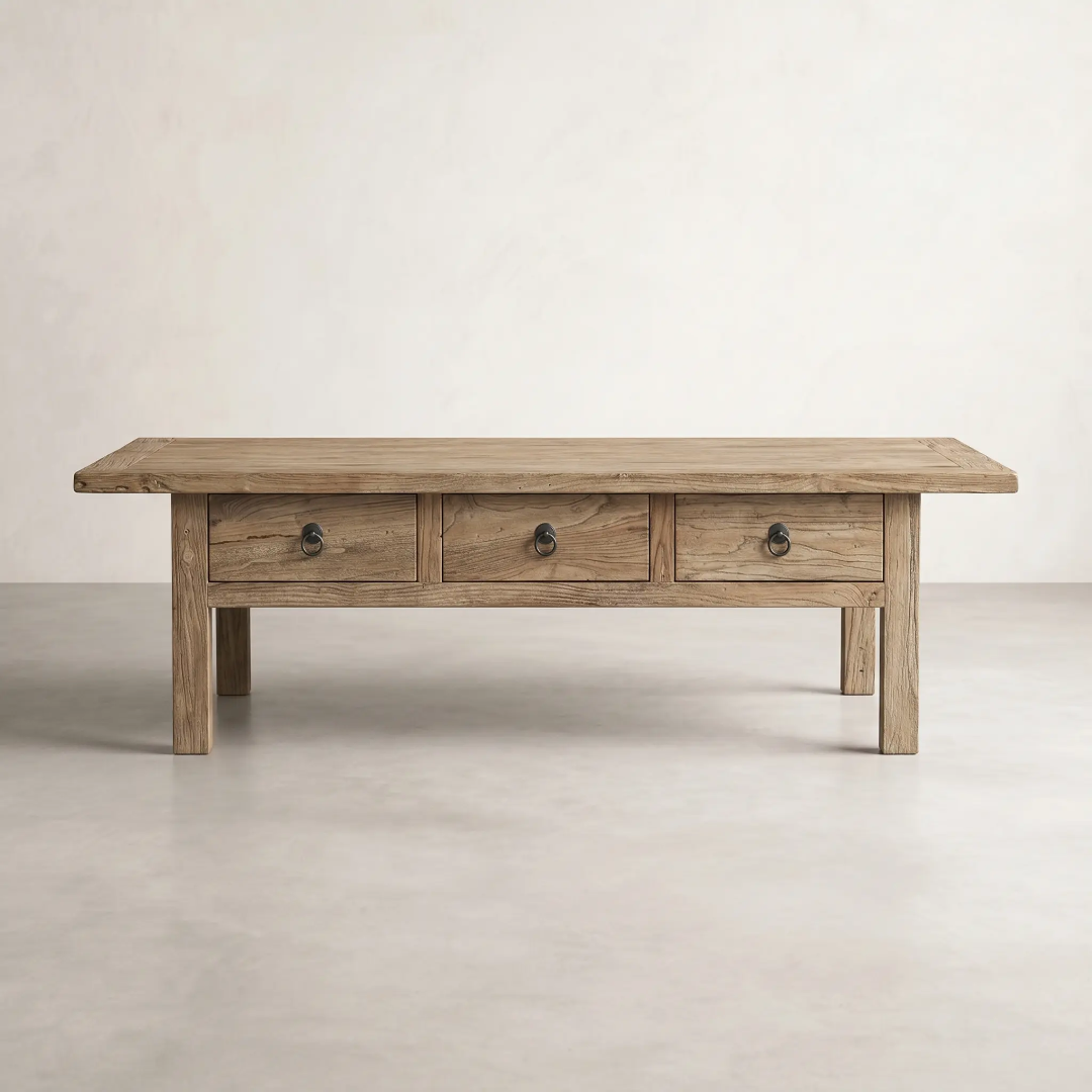 Leo Reclaimed Elm Coffee Table — low coffee table with six shallow drawers across the face