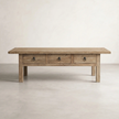 Leo Reclaimed Elm Coffee Table — low coffee table with six shallow drawers across the face