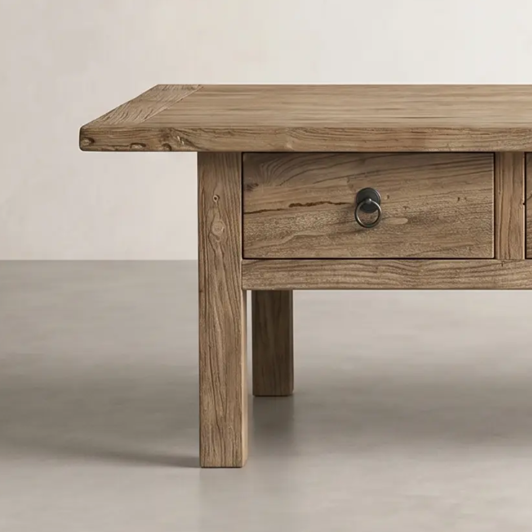 Leo Reclaimed Elm Coffee Table — raw-finished elm surface with visible grain texture