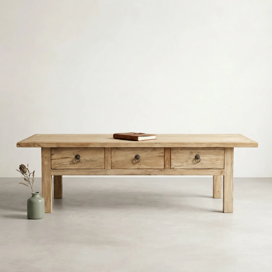 Leo Reclaimed Elm Coffee Table — long Qing-inspired profile in reclaimed elm