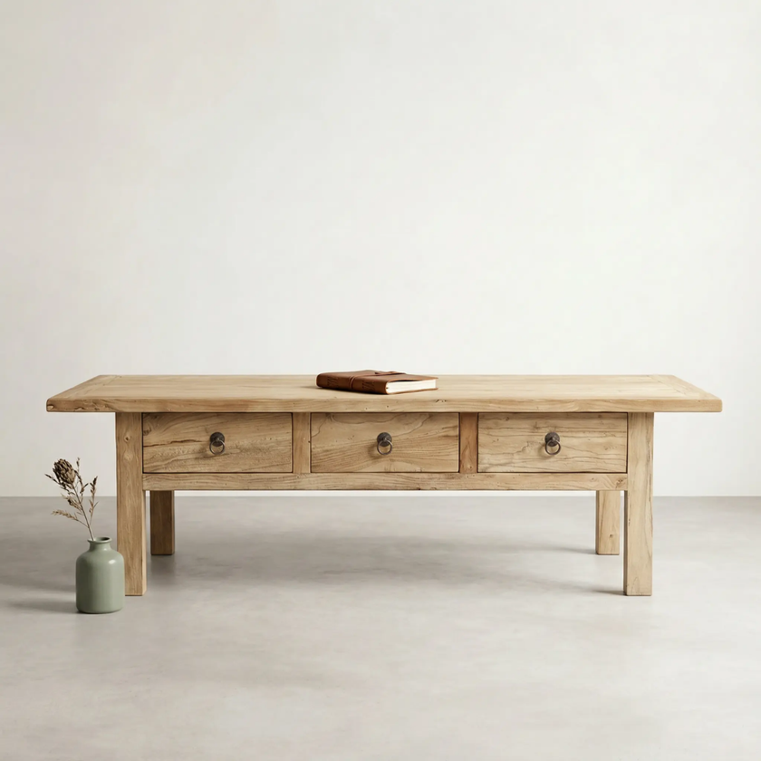 Leo Reclaimed Elm Coffee Table — long Qing-inspired profile in reclaimed elm