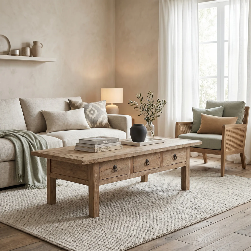 Leo Reclaimed Elm Coffee Table — even drawer rhythm along a low reclaimed elm table