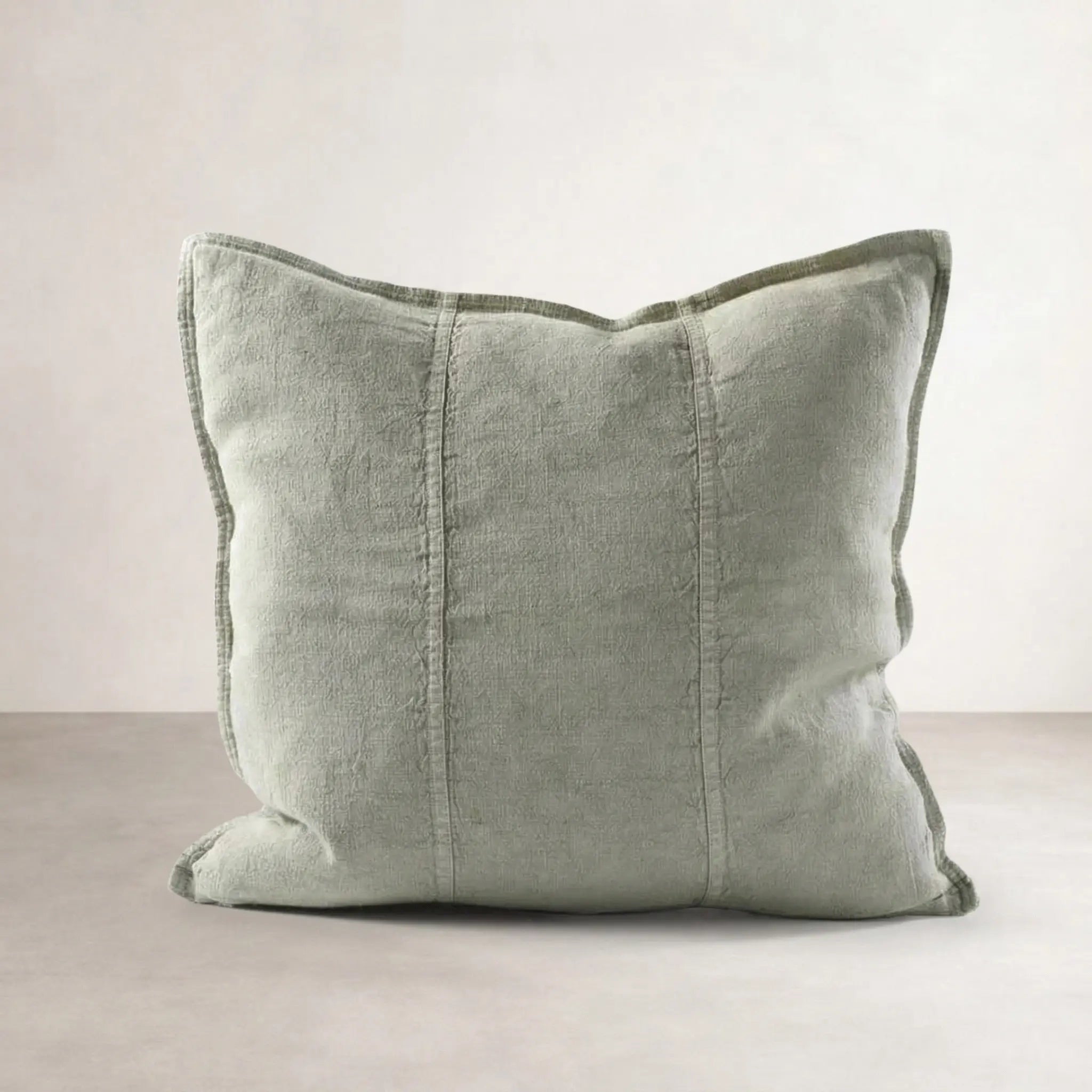 Eadie Lifestyle Luca Linen Cushion in Sage, front view of square cushion with washed linen texture