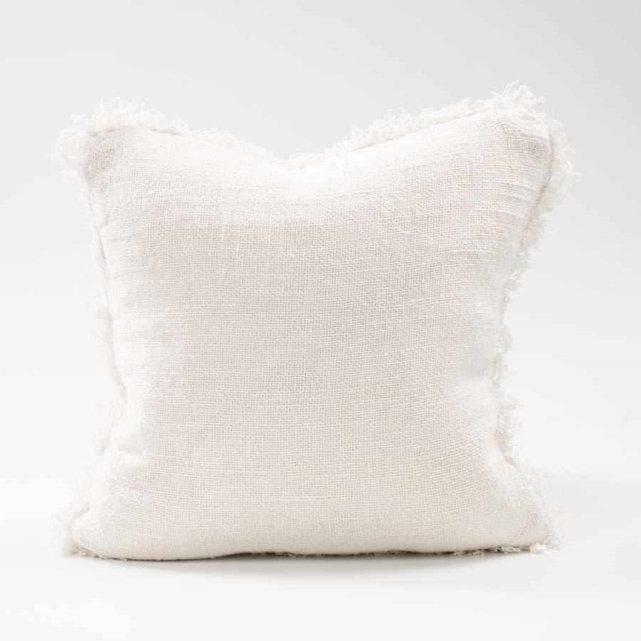 Coastalis Living + Design Bedouin Handwoven Linen Cushion in White with fringed edges