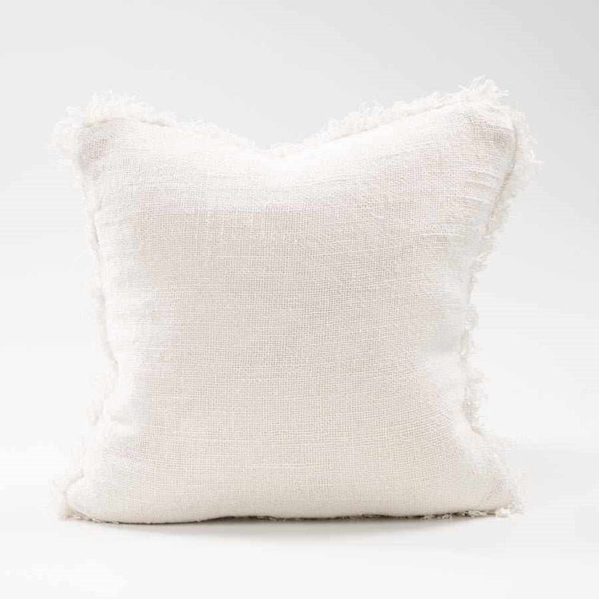 Coastalis Living + Design Bedouin Handwoven Linen Cushion in White with fringed edges