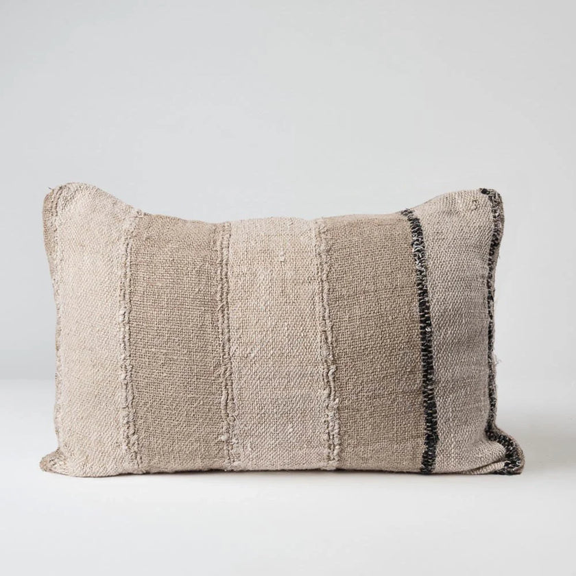 Retreat Linen Cushion — natural, ivory and black stripes on textured linen