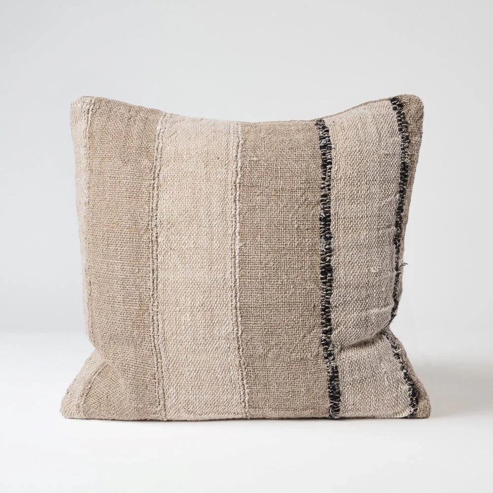 Retreat Linen Cushion — horizontal stripes across a rustic open weave