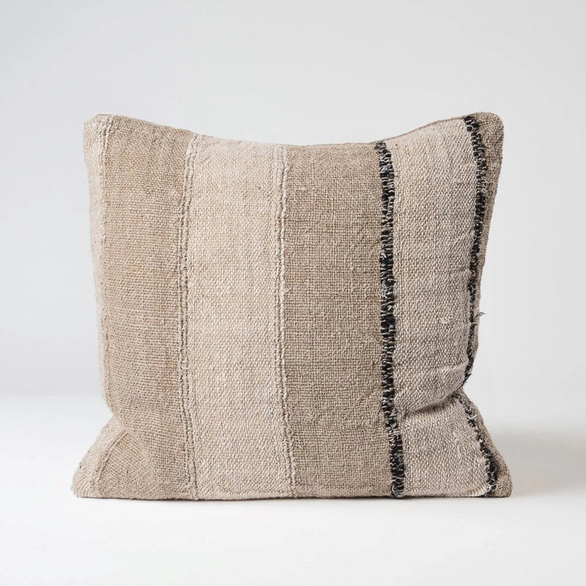Retreat Linen Cushion — horizontal stripes across a rustic open weave