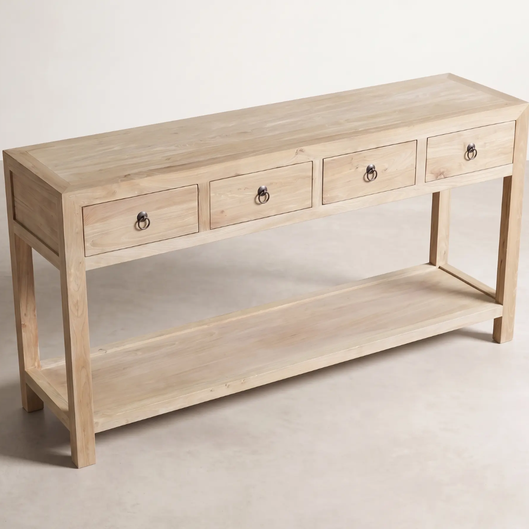 Leo Reclaimed Elm 4-Drawer Hall Table — wide low elm hall table with open lower shelf and raw finish