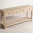 Leo Reclaimed Elm 4-Drawer Hall Table — wide low elm hall table with open lower shelf and raw finish