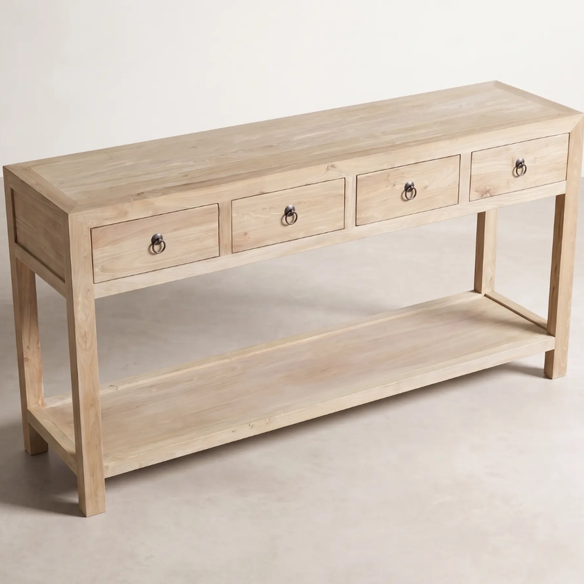 Leo Reclaimed Elm 4-Drawer Hall Table — wide low elm hall table with open lower shelf and raw finish
