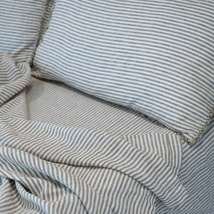 Coastalis Living + Design French Linen Bedding close-up texture detail in Olive Pencil Stripe
