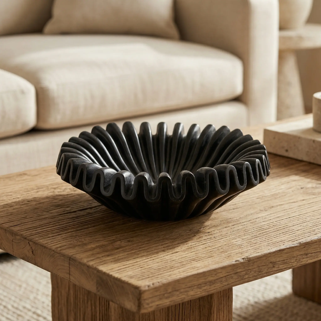 Black Marble Ruffle Bowl