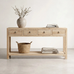 Leo Reclaimed Elm 4-Drawer Hall Table — reclaimed elm console with four flush drawers, styled with decor