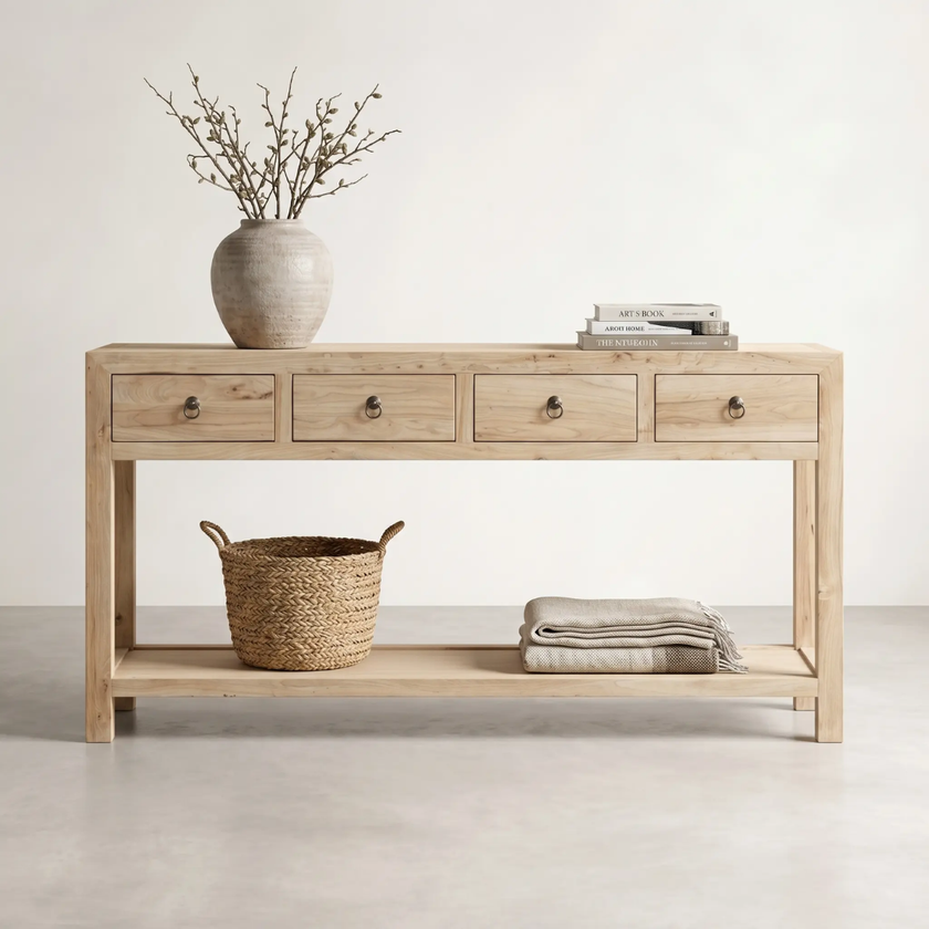 Leo Reclaimed Elm 4-Drawer Hall Table — reclaimed elm console with four flush drawers, styled with decor