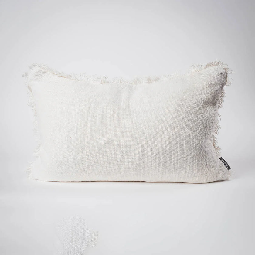 Coastalis Living + Design Bedouin Handwoven Linen Cushion in Ivory front view with fringed edges