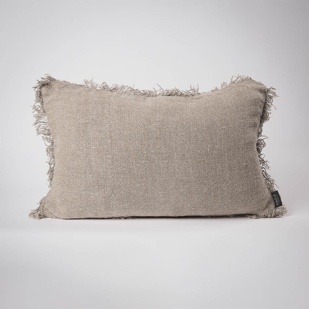 Coastalis Living + Design Bedouin Linen Lumbar Cushion in Natural front view with fringed edges