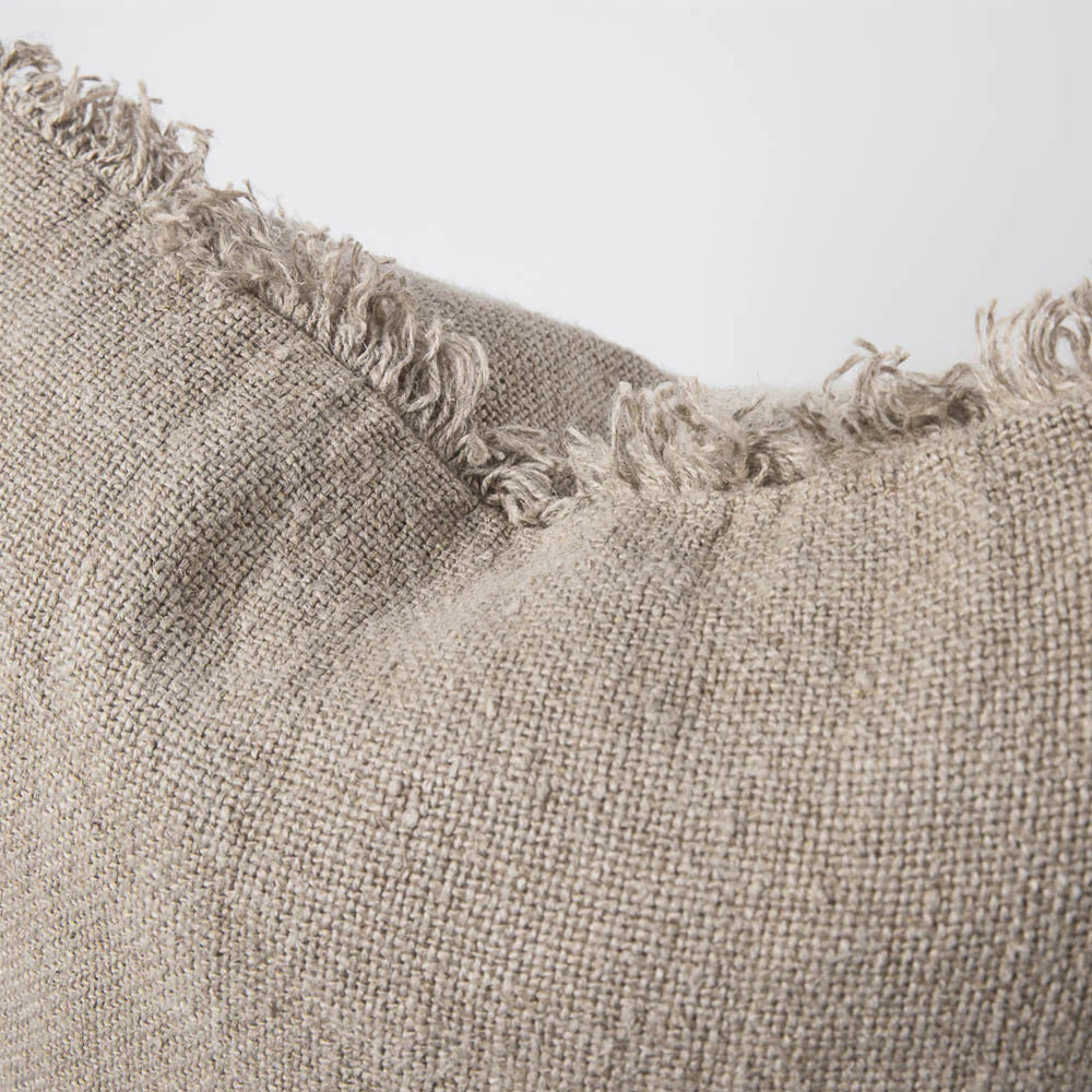 Coastalis Living + Design Bedouin Linen Cushion close-up texture and fringe detail in Natural