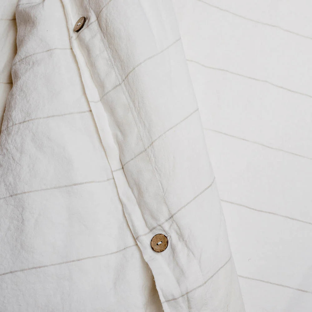 Coastalis Living + Design French Linen Quilt Cover button detail in Off White Natural Stripe
