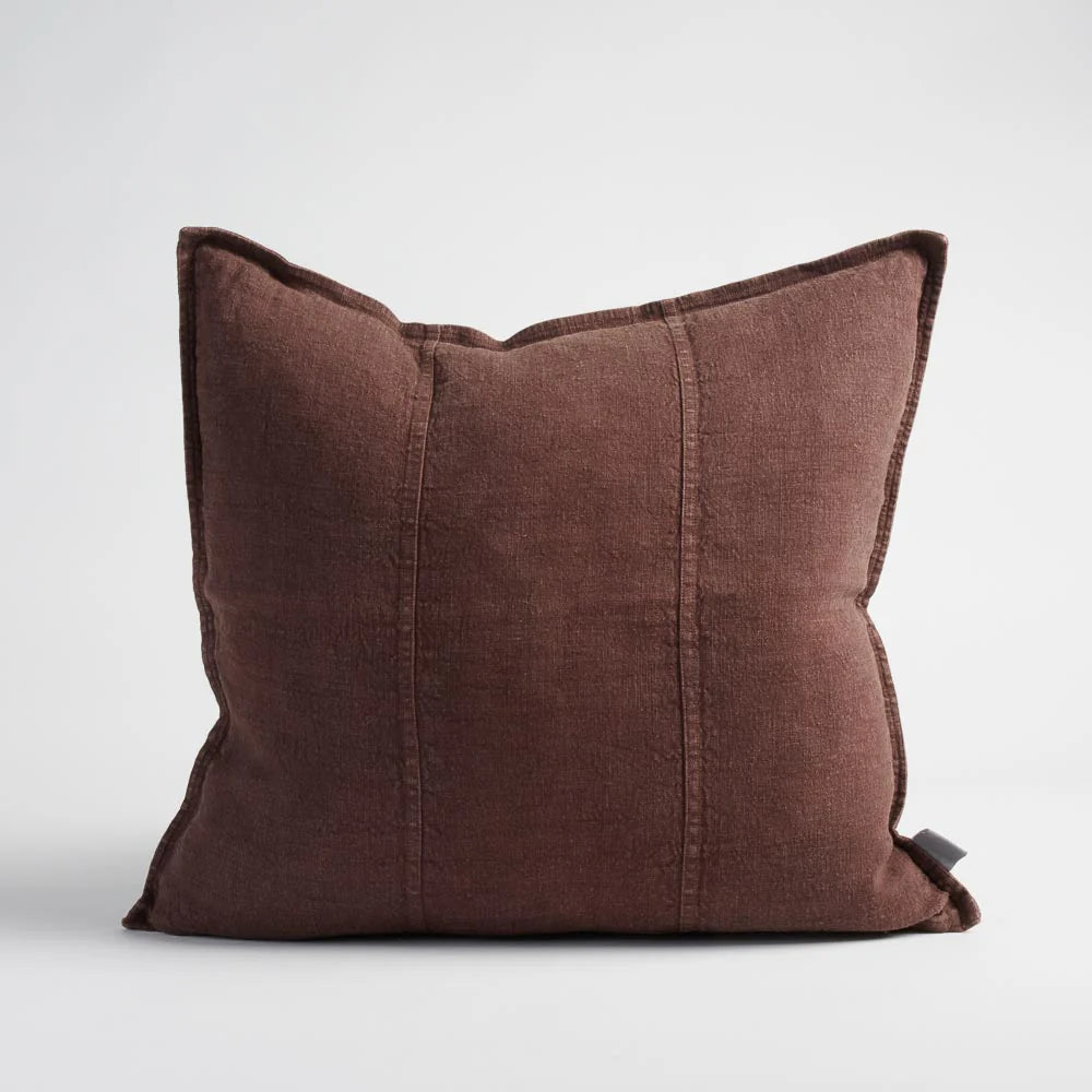 Eadie Lifestyle Luca Linen Cushion in Plum, square cushion with panel stitch detail