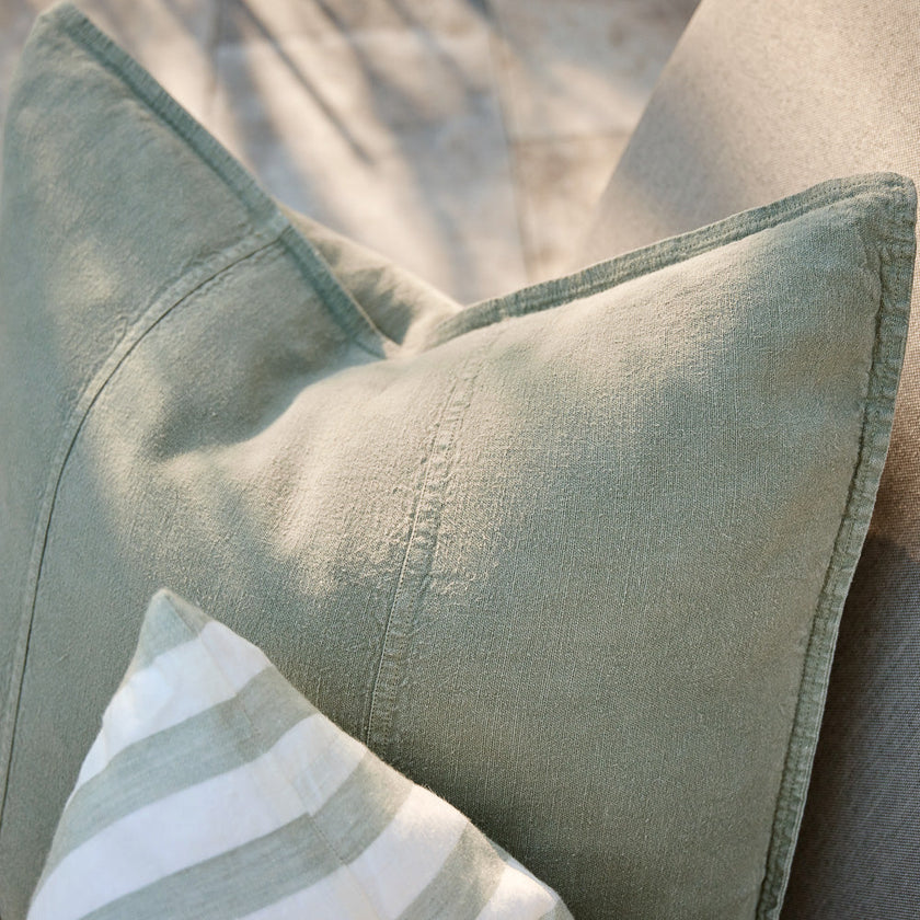 Luca Linen Outdoor Cushion - Pistachio — individually stitched pistachio linen outdoor cushion