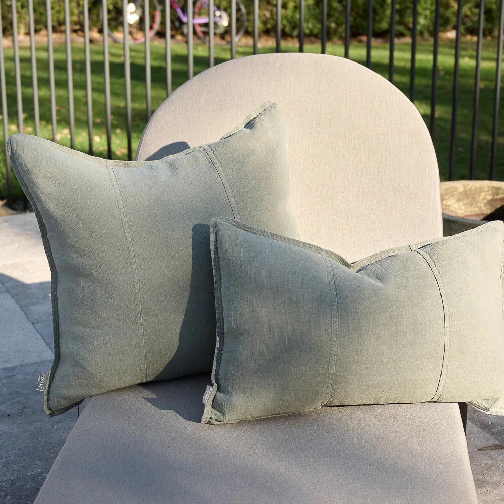 Luca Linen Outdoor Cushion - Pistachio — weather-treated European linen in pale pistachio