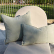 Luca Linen Outdoor Cushion - Pistachio — weather-treated European linen in pale pistachio