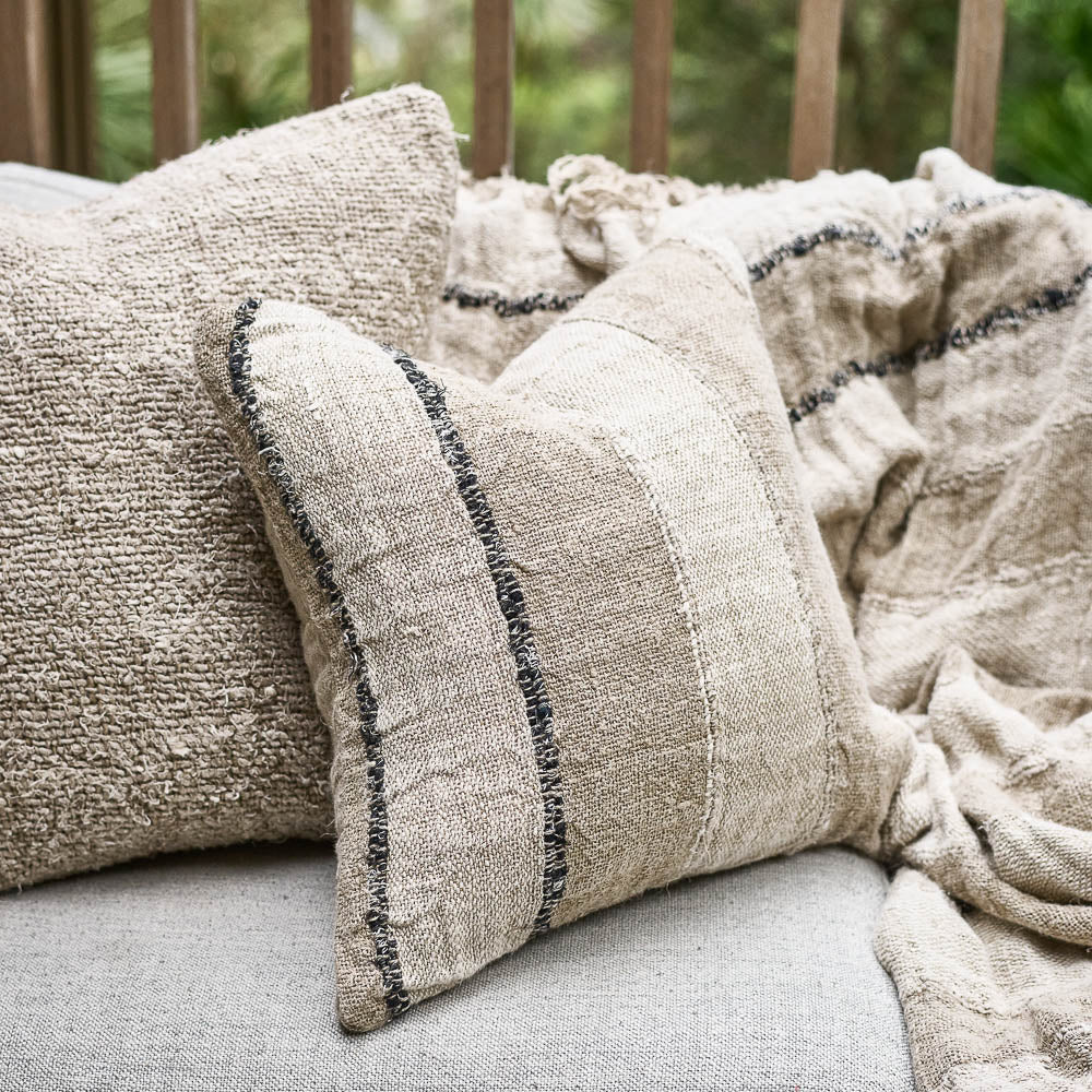 Retreat Linen Cushion — handwoven cotton-linen cushion with quiet graphic stripes
