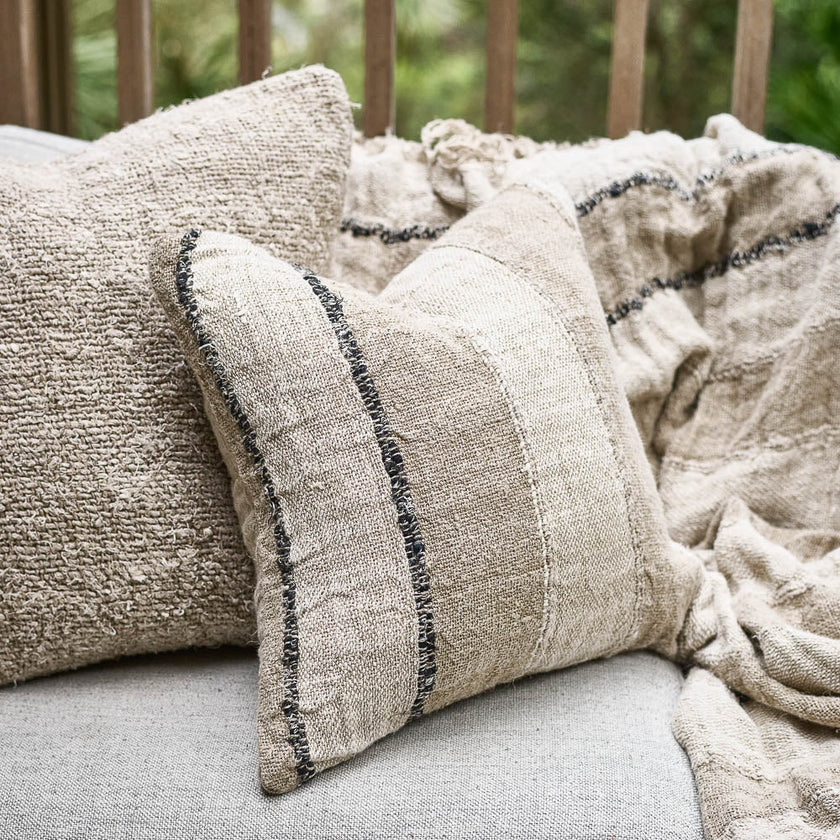 Retreat Linen Cushion — handwoven cotton-linen cushion with quiet graphic stripes