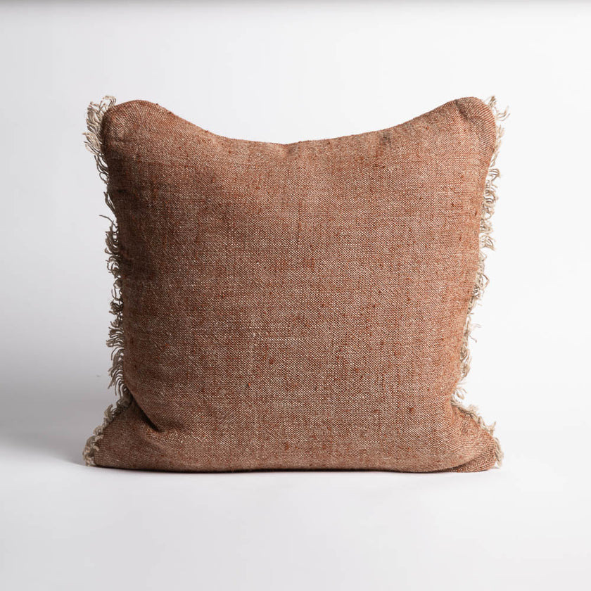 Tabako Linen Cushion — square tobacco linen cushion with a frayed edge