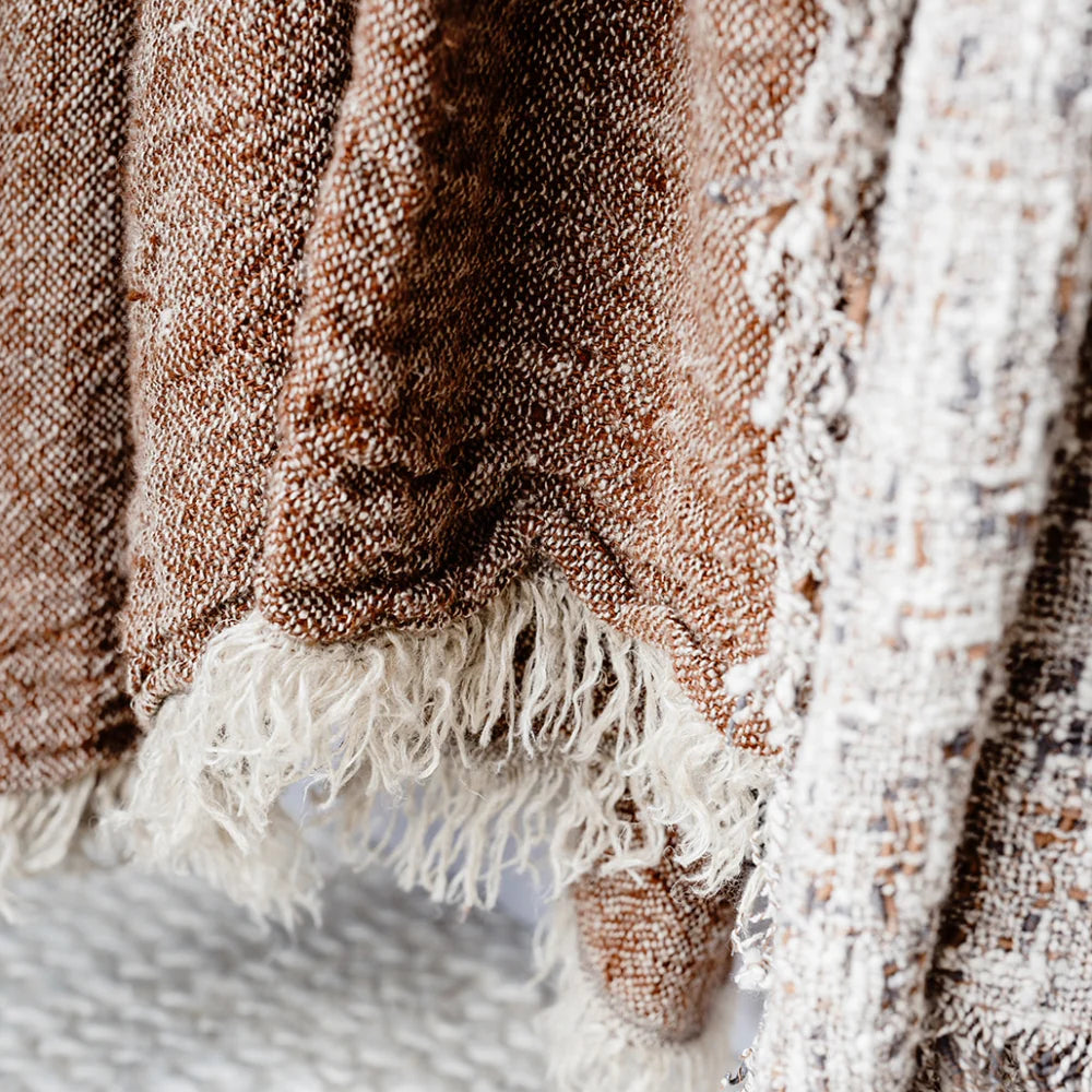 Tabako Linen Throw — tobacco linen throw with natural fringing at each end