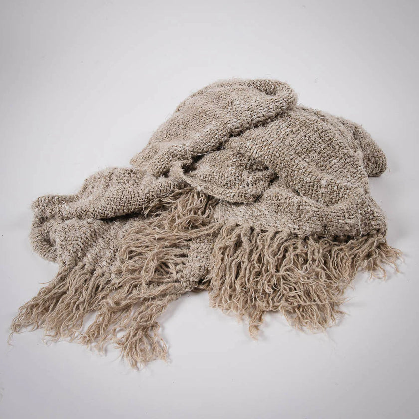 Wabi Throw — natural chunky knit linen throw with tassel fringe detail