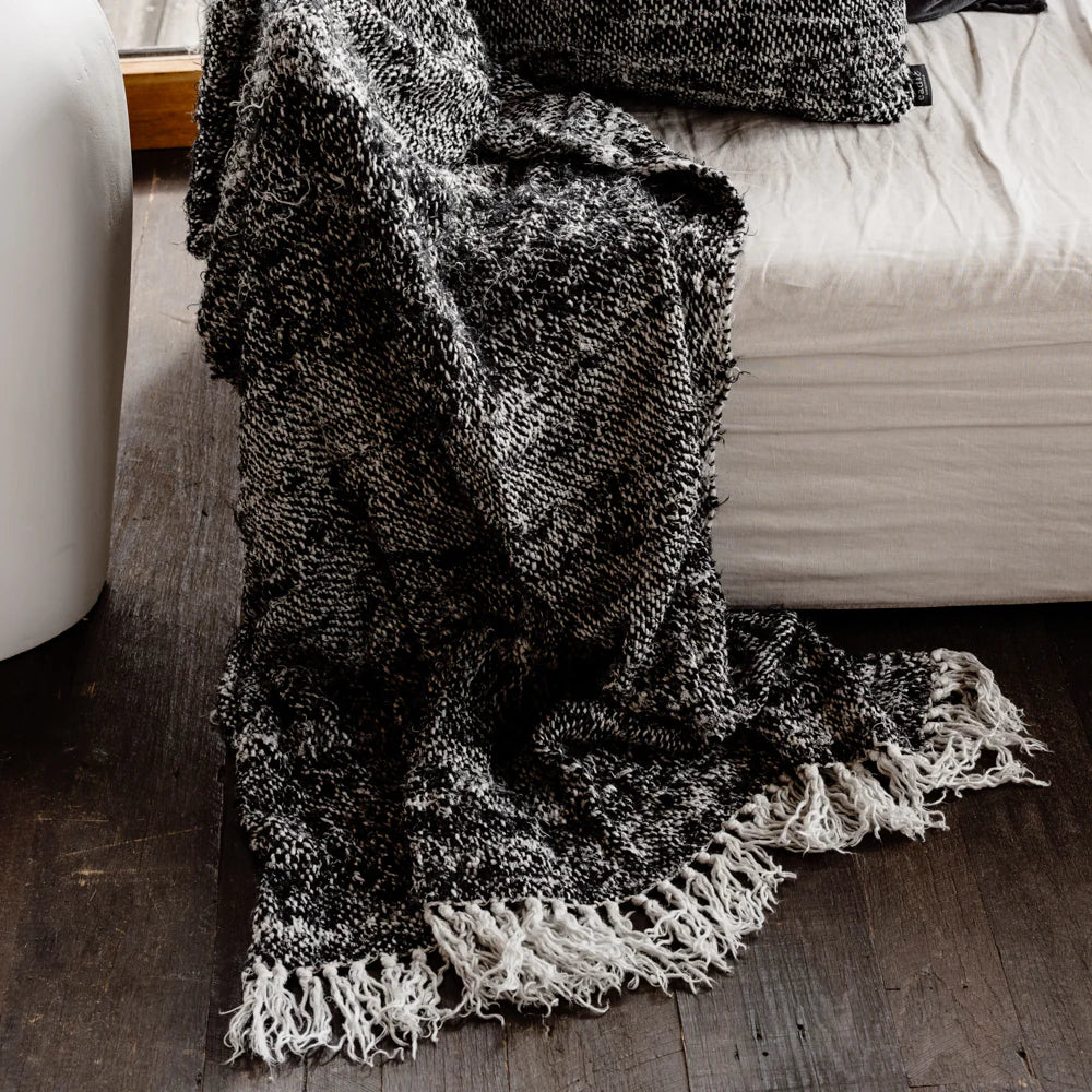 Wabi Throw — textured black linen knit that holds its shape