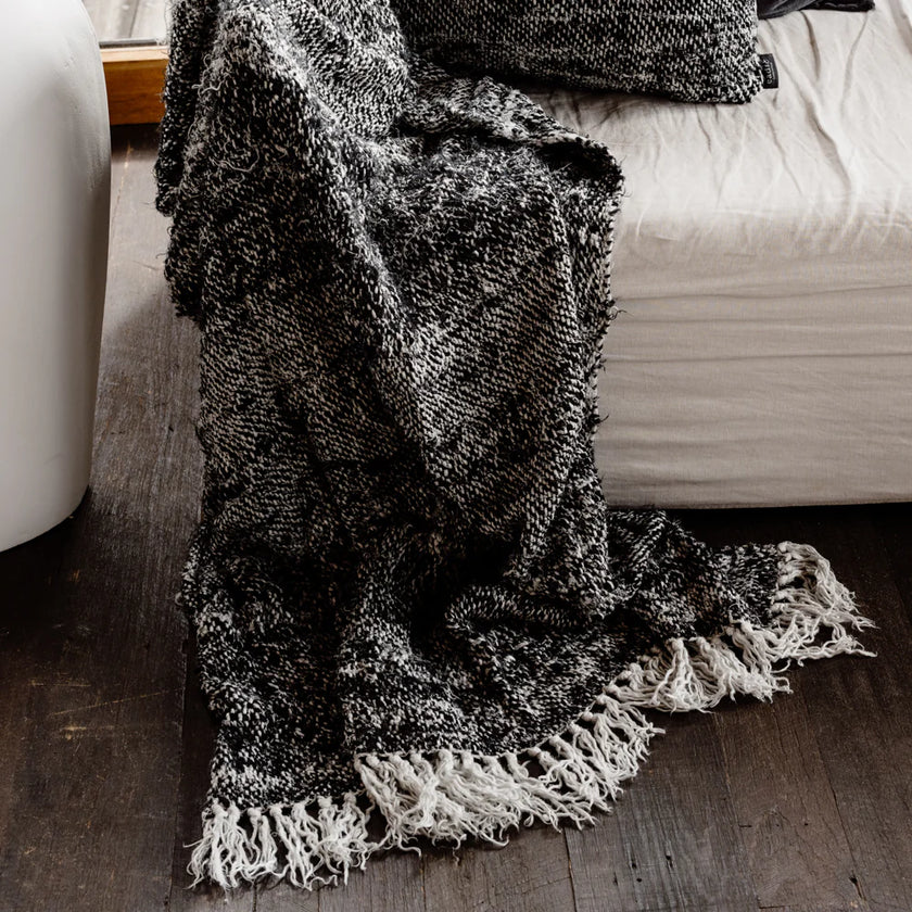 Wabi Throw — textured black linen knit that holds its shape