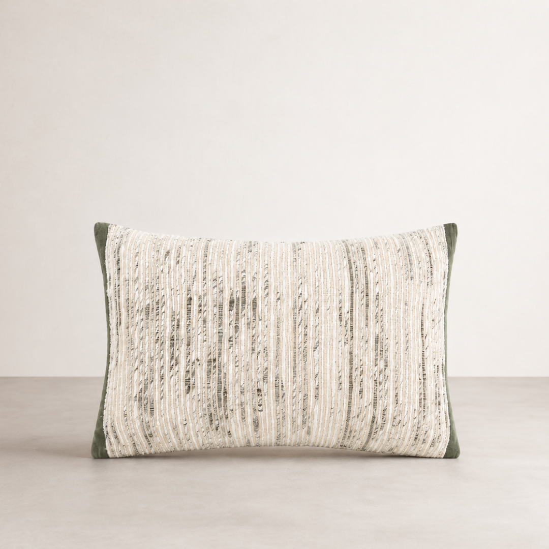 Ema Silk/Cotton Cushion Lumbar - Olive — long lumbar cushion with subtle silk sheen in olive
