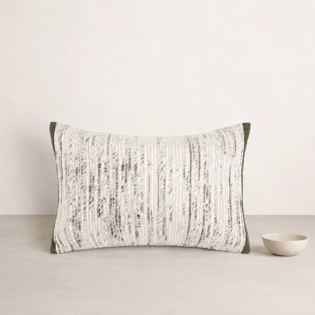 Ema Silk/Cotton Cushion Lumbar - Olive — contrast flange ends framing the woven olive front